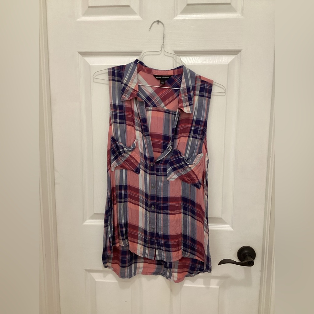 Pink and Blue Plaid Sleeveless Shirt